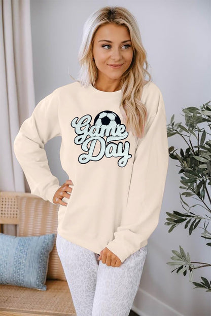 Game Day Soccer Sweatshirt Women Soccer Season Chenille Patch Pullover Top Causal Long Sleeve Football Top