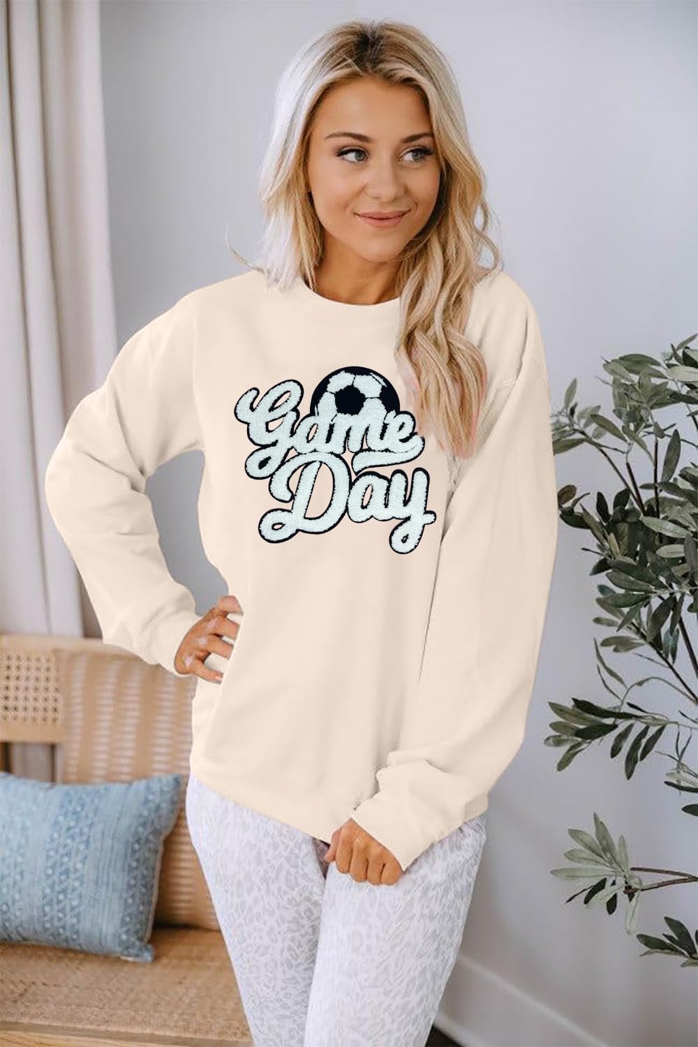 Game Day Soccer Sweatshirt Women Soccer Season Chenille Patch Pullover Top Causal Long Sleeve Football Top