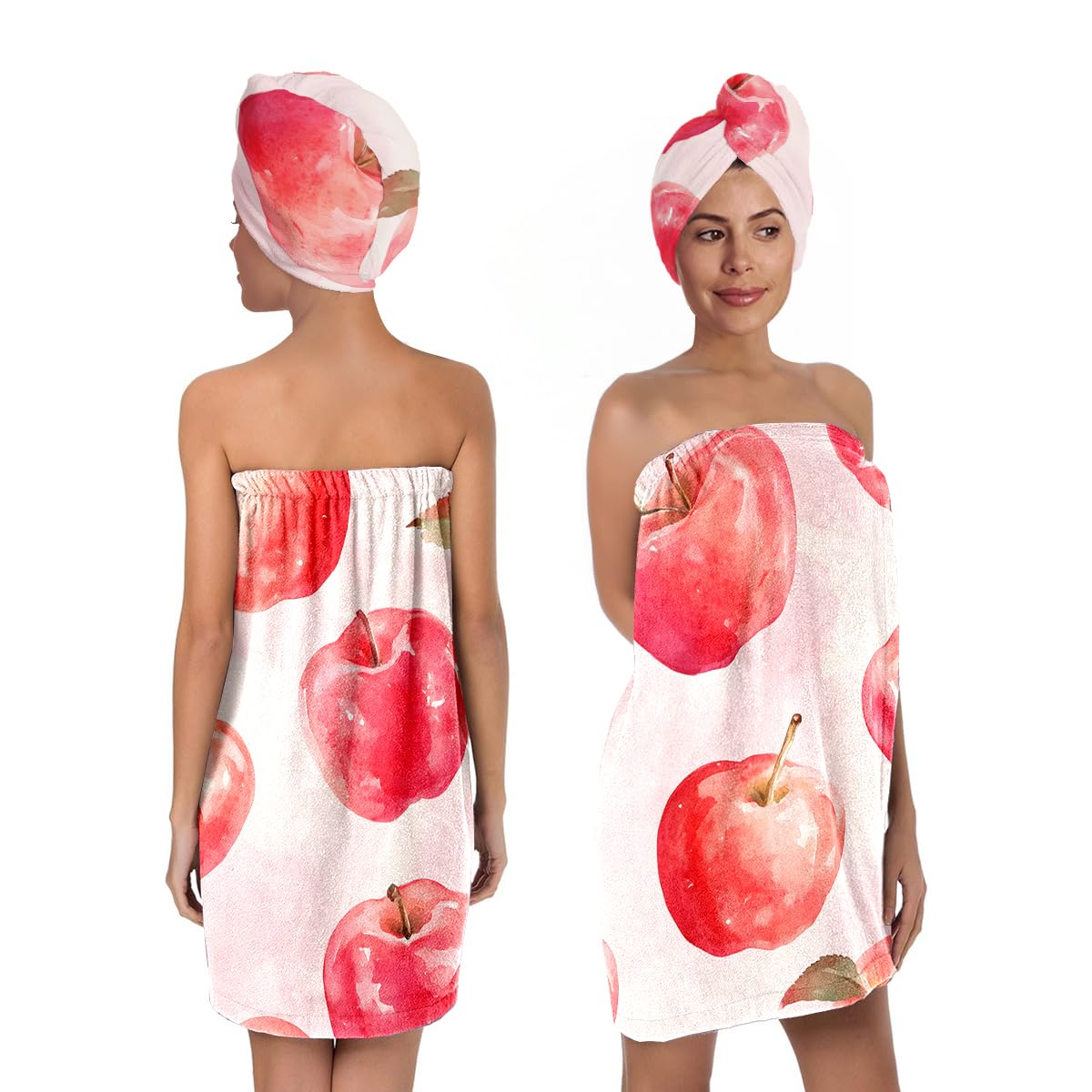 Strawberry Print Bath Wrap and Hair Drying Towel Set – Microfiber Quick Dry Shower Body Wrap for Women, Absorbent Spa Skirt with Elastic Band and Cute Bow Design (Strawberry 1)
