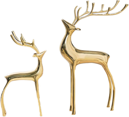 Reindeer Figurine Statues Deluxe Set of 2, Christmas Deer Pure Copper Heavy Reindeer Ornaments for Home Decor Accents Living Room Office Bookself Tabletop Mantle Christmas Decoration, Gold