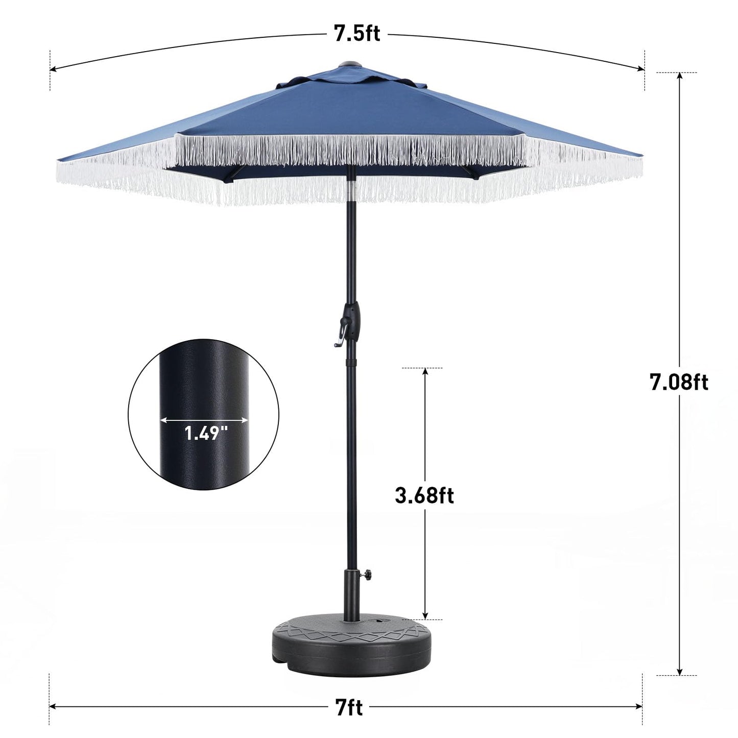 GDY 7.5ft Tassel Patio Umbrella and Matching Base, Outdoor Table Umbrella with 18 LED Lights,Market Umbrella with 6 Sturdy Ribs, with Push Button Tilt and Crank, Bright White