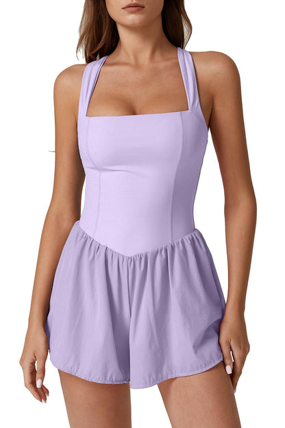 QINSEN Women's Square Neck Sleeveless Romper Jumpsuit