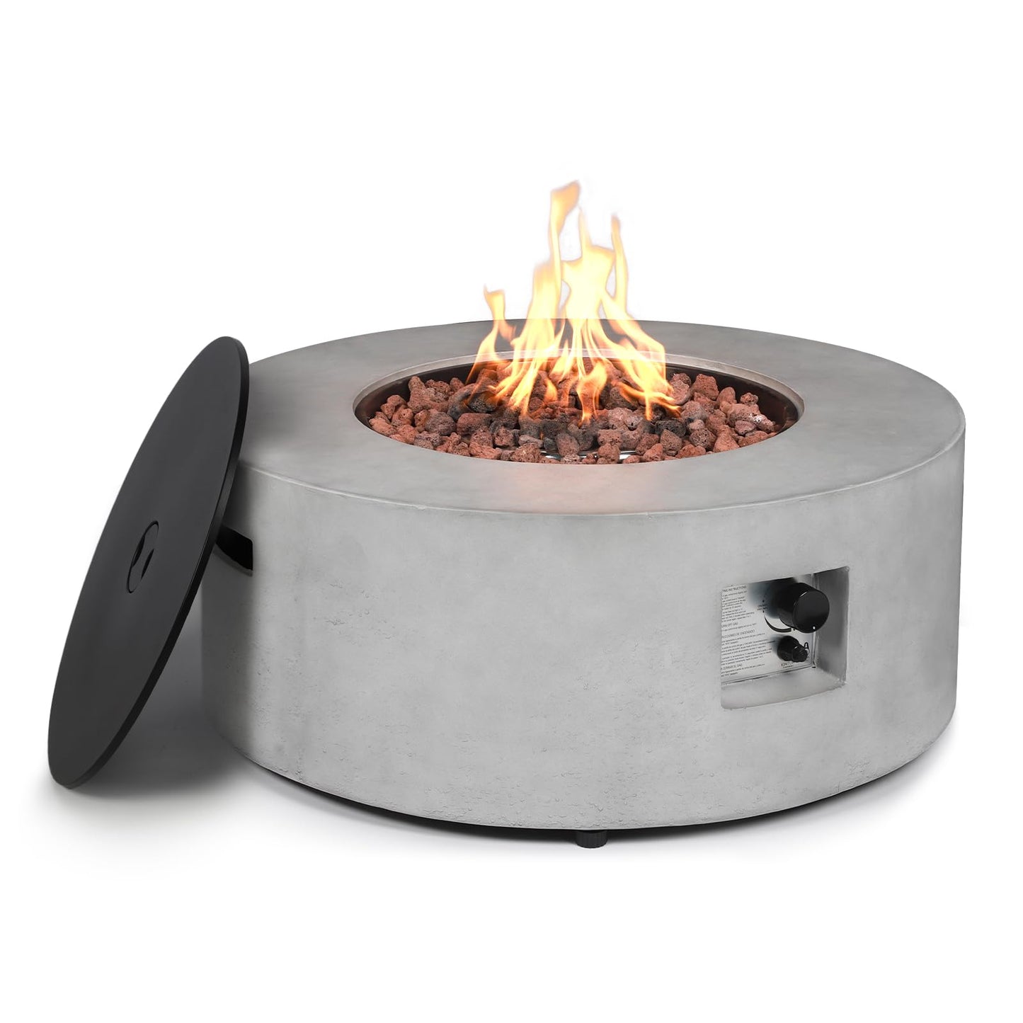 31.5 Inch Round Propane Fire Pit Table - Concrete Round Fire Bowl 50,000 BTU Natural Gas Firepit Burner with Steel Lid, Lava Rocks, Waterproof Cover for Outside Patio, Backyard, Party