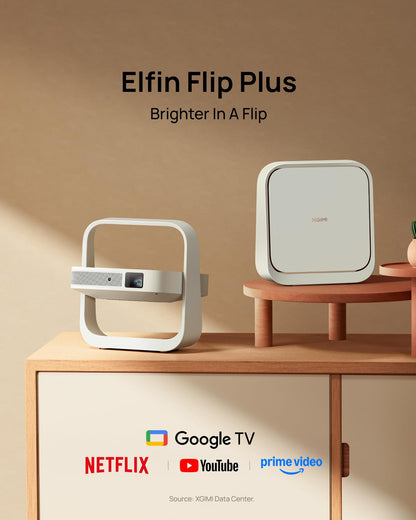 XGIMI Elfin Flip Plus Portable Projector, Google TV with Licensed Netflix, 500 ISO Lumens, 1080P Resolution Home Projector, Build-in Adjustable Stand, Lightweight and Compact Design, Screen Adaption