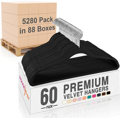 HOUSE DAY Black Velvet Hangers 60 Pack, Non Slip Clothes Felt Hanger Heavy Duty for Coat, Premium Slim Space Saving Suit Hangers for Closet Organizer, 360° Rotating Silver Hook
