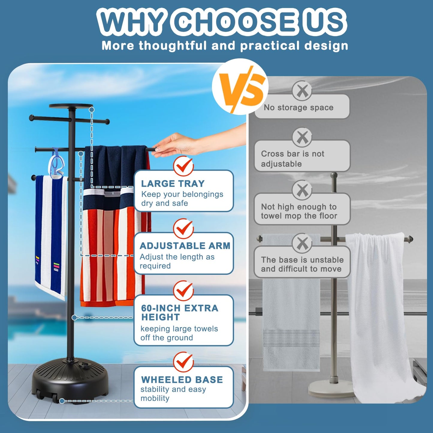 Solar Light Pool Towel Rack with Wheels – 63" Tall Adjustable Outdoor Towel Rack for Patio, Bathroom, Hot Tub