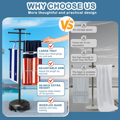 Solar Light Pool Towel Rack with Wheels – 63" Tall Adjustable Outdoor Towel Rack for Patio, Bathroom, Hot Tub