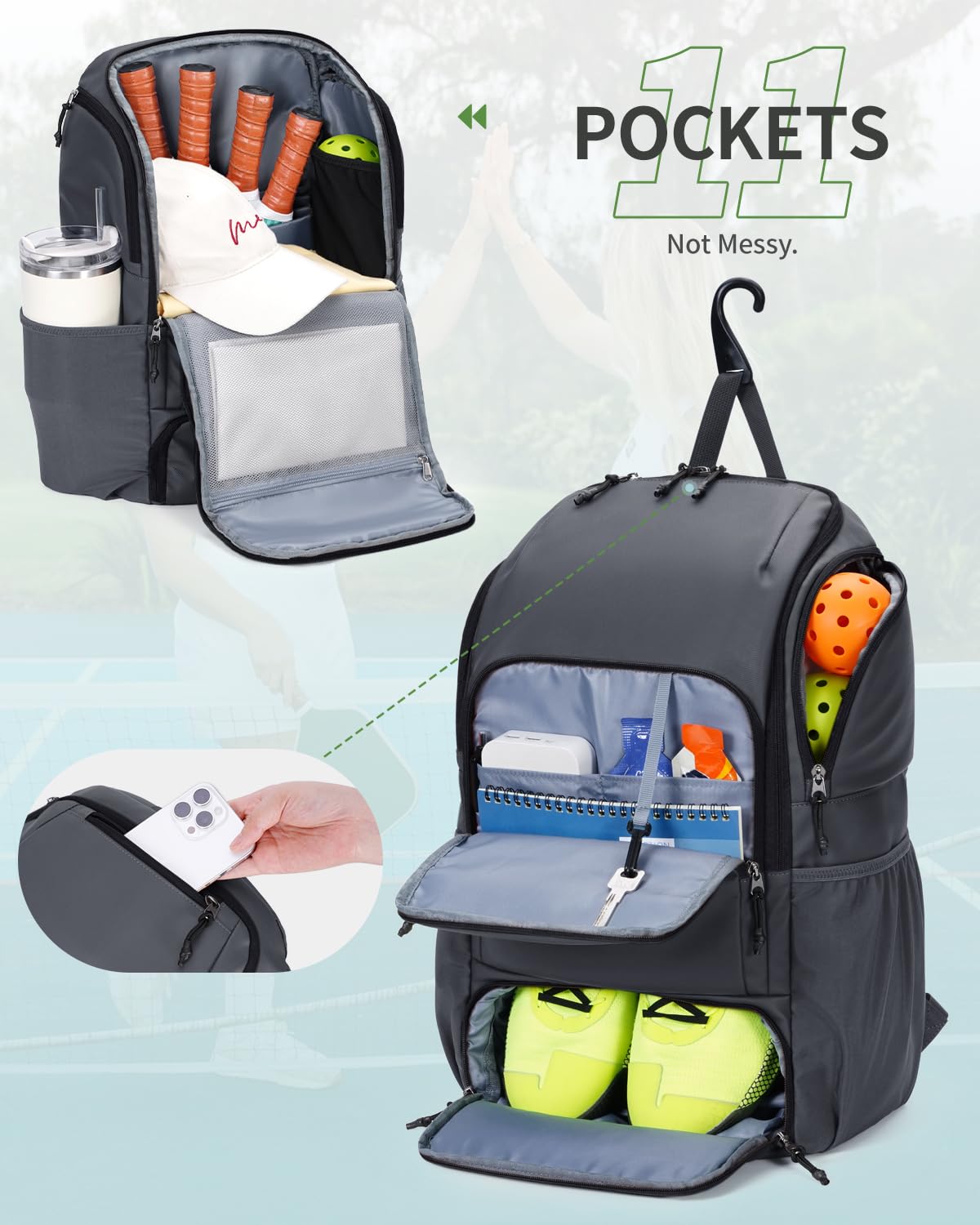 sportsnew Waterproof Pickleball Bag Men Women W/Shoe Compartment Fence Hook