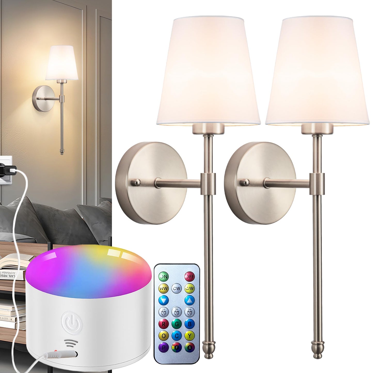 YHCDLAMP Battery Operated Wall Sconce Light with Remote Control, Dimmable Wall Sconce Set of 2 with White Fabric Shade, Wireless Battery Operated Wall Lamp for Bedroom Living Room, Bulb Included