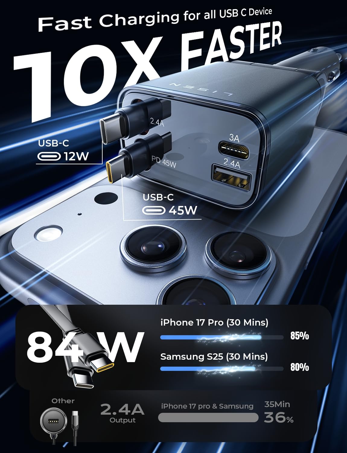 LISEN Retractable Car Charger, 84W Car Charger USB C Fast Charger, Cigarette Lighter USB Charger Adapter, Car Accessories Birthday Gifts for Men Women Dad Mom Husband, for iPhone 17 16 15 14 13 12 11