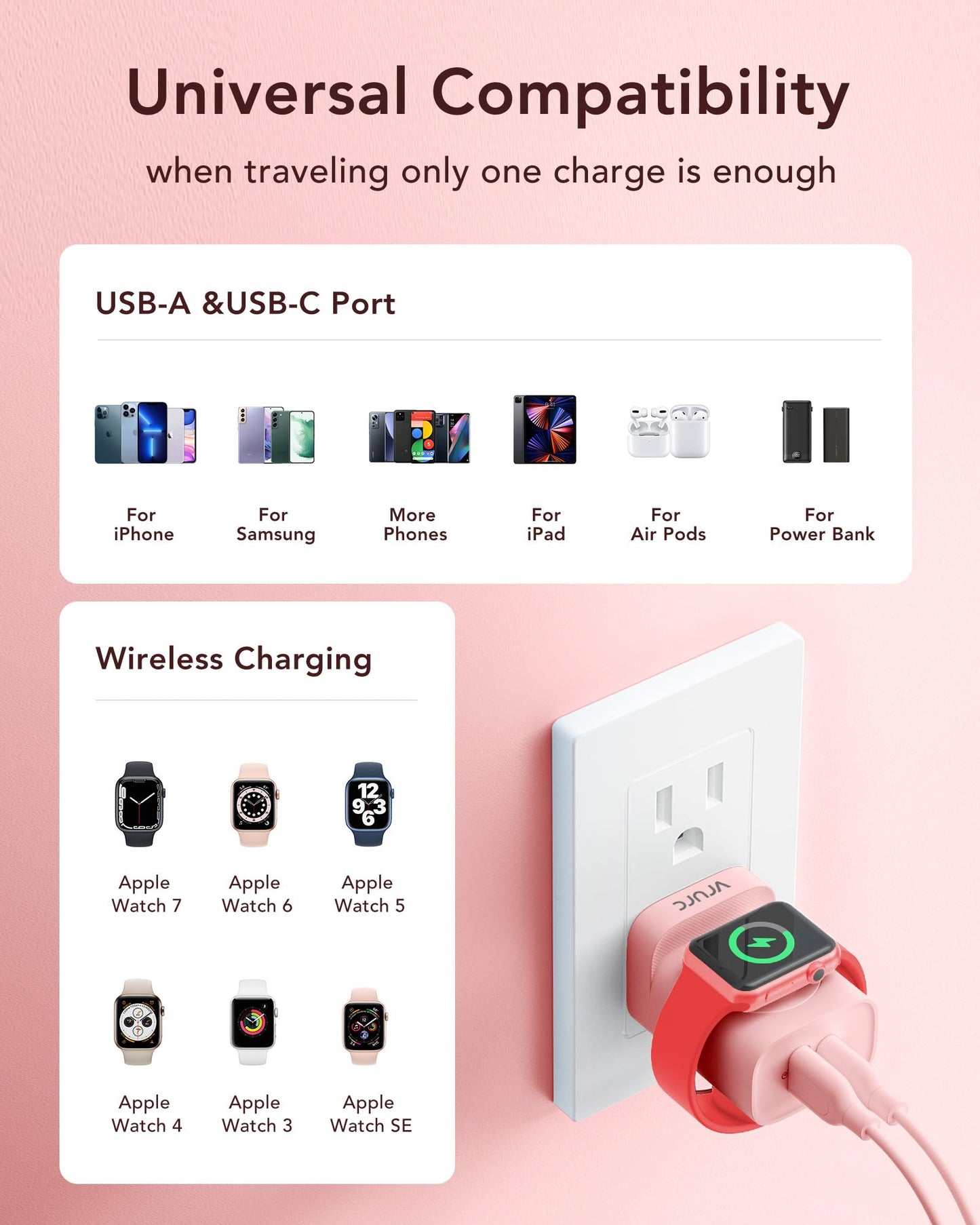 VRURC Fast Charger for Apple Watch, Built-in Wireless Magnetic Charging Station for iWatch SE/11/10/9/8/7/6/5/4, PD 20W USB C Charging Block, Foldable Wall Charger for iPhone 17/16/15/14/13-White