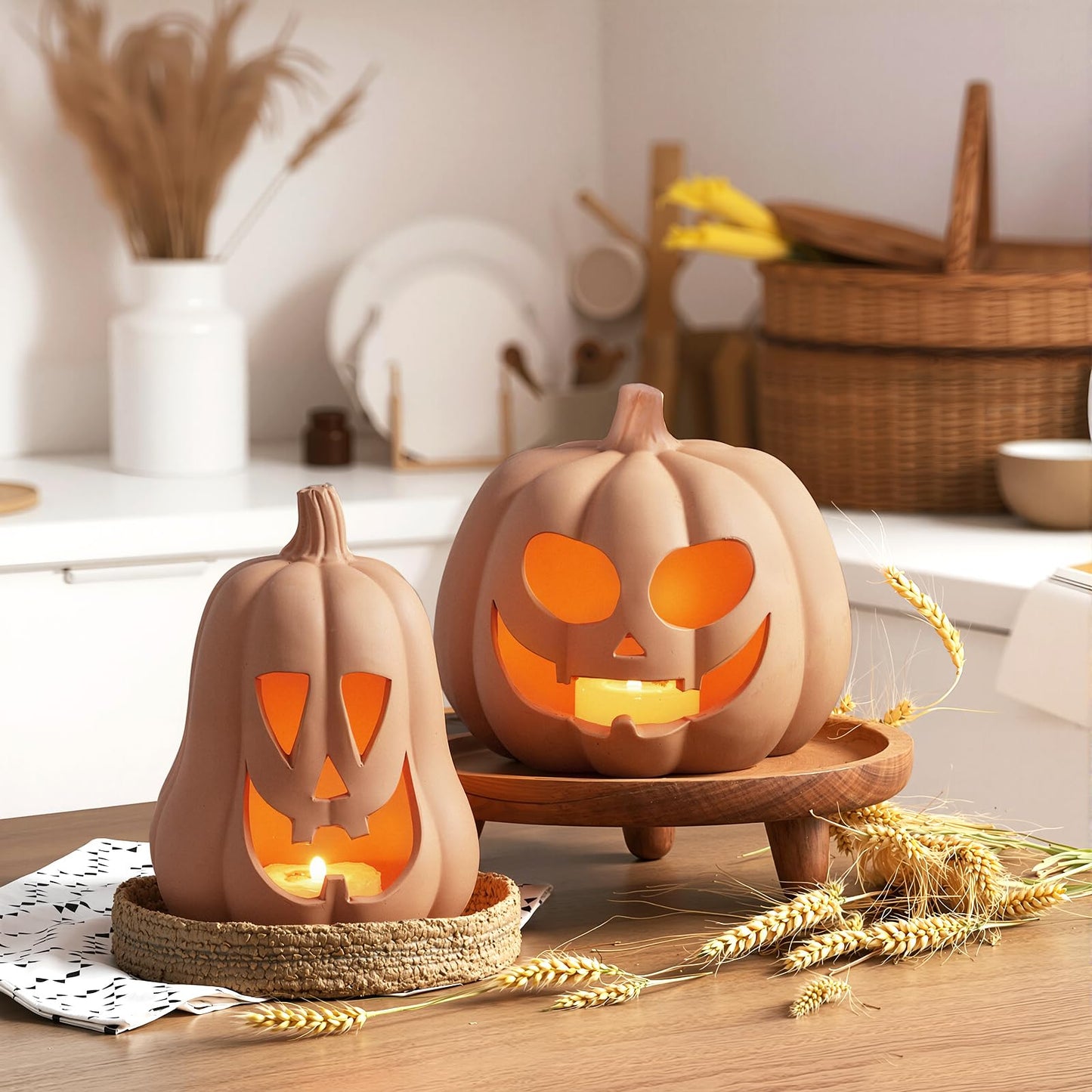 Tioncy 2 Pack Fall Decor Halloween Decorations Terracotta Pumpkin Decoration Handmade Clay Pumpkin Jack-o-Lantern Halloween Tealight Holder Rustic Farmhouse Fall Home Decor for Table(Orange)