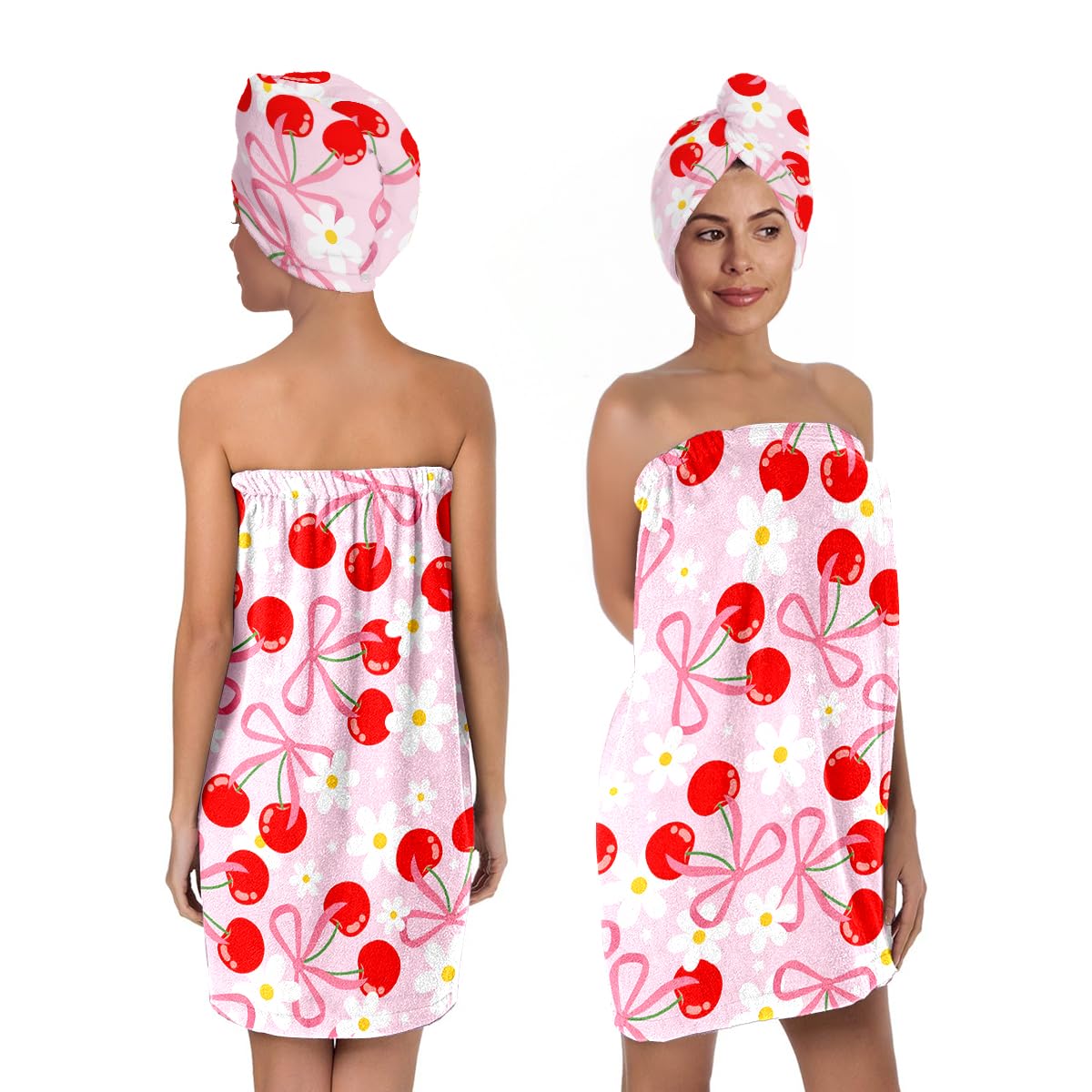 Strawberry Print Bath Wrap and Hair Drying Towel Set – Microfiber Quick Dry Shower Body Wrap for Women, Absorbent Spa Skirt with Elastic Band and Cute Bow Design (Strawberry 1)