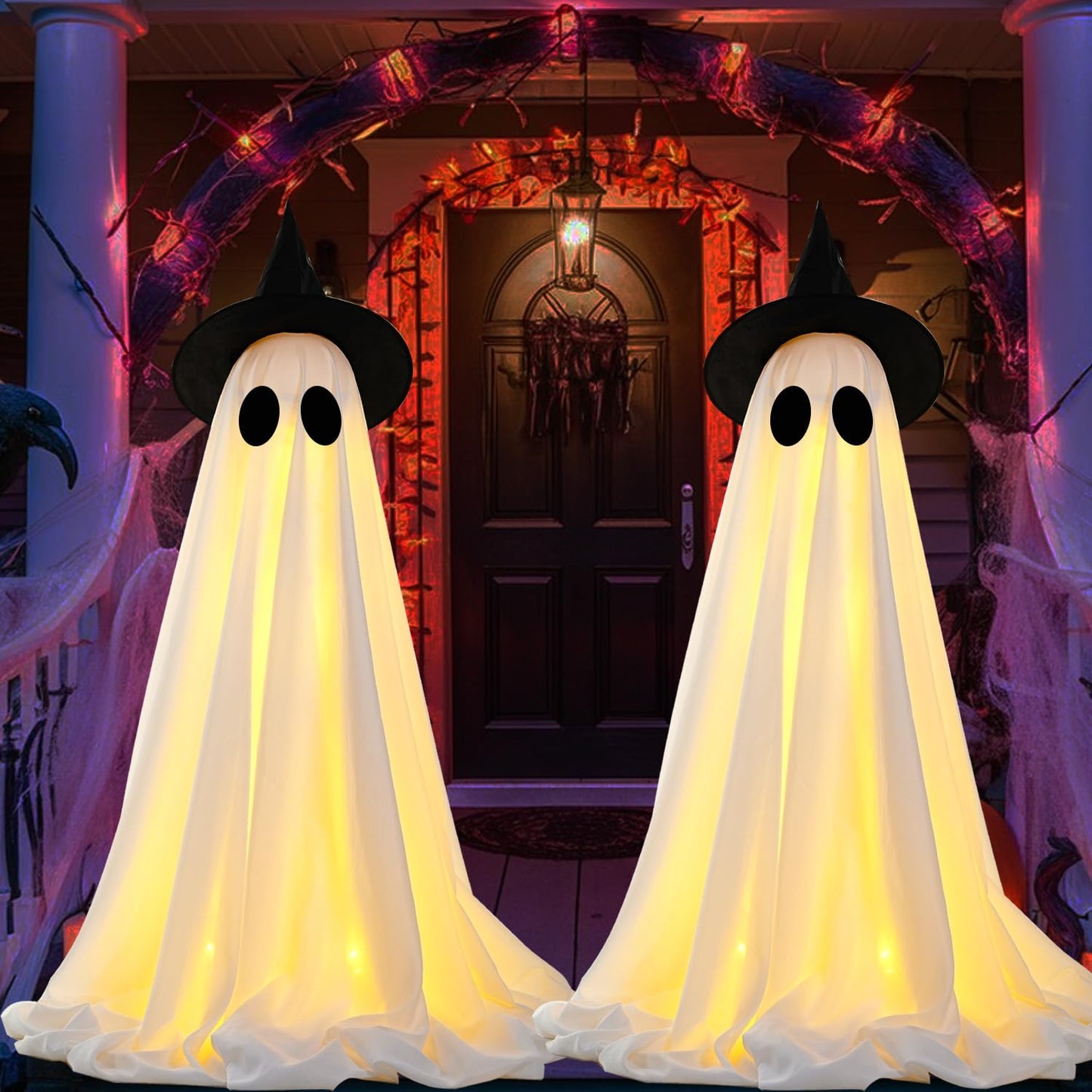 Set of 4 Halloween Hanging Ghosts, Halloween Decorations Outdoor Hanging Ghosts with Witch Hat,Glowing Ghost Witch Hat Lights, Light up Ghost Decor for Yard Patio Garden Tree Outside(4 Ghost Lighted)
