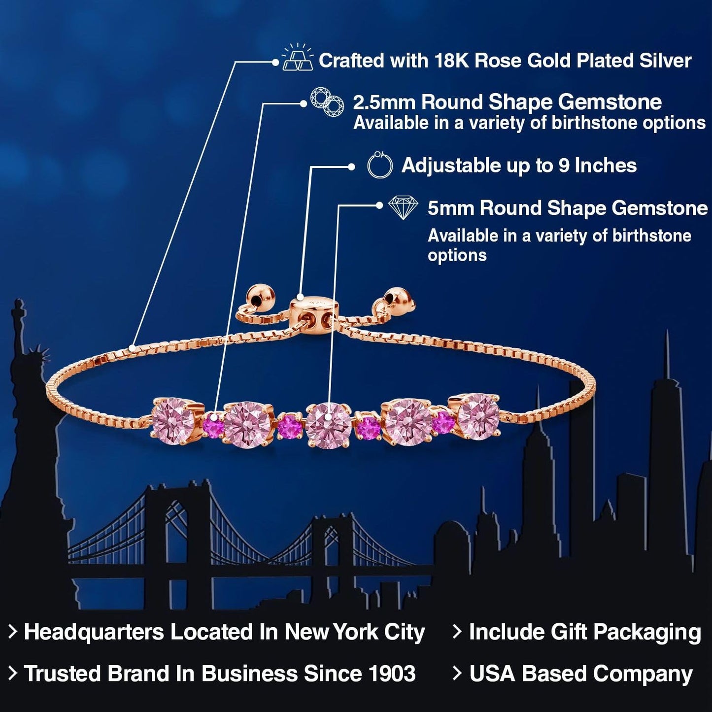 Gem Stone King Gemstone Birthstone and Pink Sapphire Tennis Bracelet 18K Rose Gold Plated Silver | Round 5MM and 2.5MM | Adjustable Bolo Design | Easy-On Easy-Off