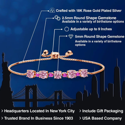 Gem Stone King Gemstone Birthstone and Pink Sapphire Tennis Bracelet 18K Rose Gold Plated Silver | Round 5MM and 2.5MM | Adjustable Bolo Design | Easy-On Easy-Off