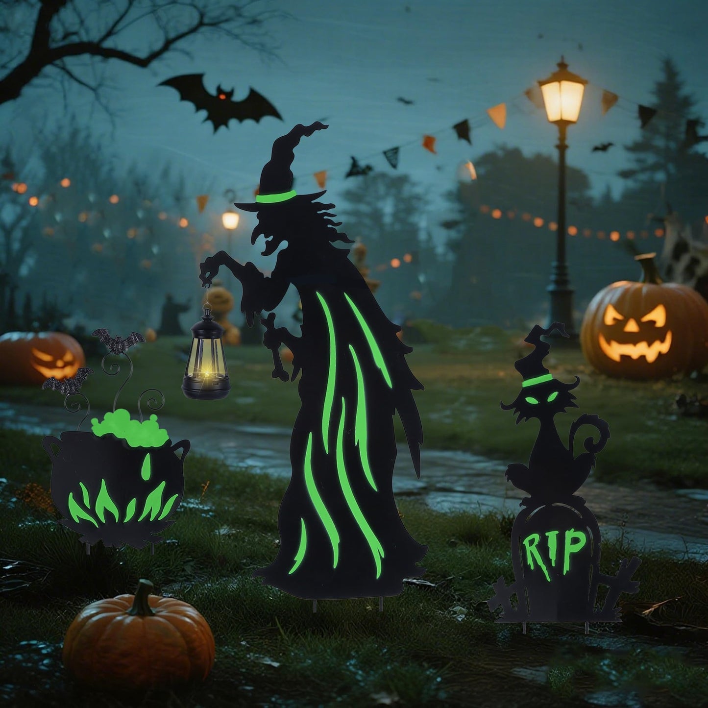 Prsildan 3 Pack Halloween Decorations Outdoor Solar Lighted Boo Yard Sign | Waterproof Metal Lawn Stakes, Solar-Powered, Bats, Cat & Ghost, For Front Yard, Porch, Garden, Spooky Halloween Party Decor