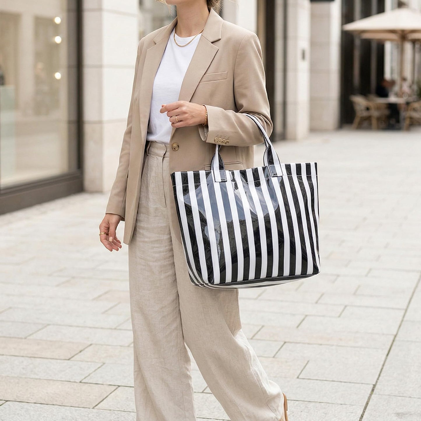 Striped PVC Tote Bag Large Glossy