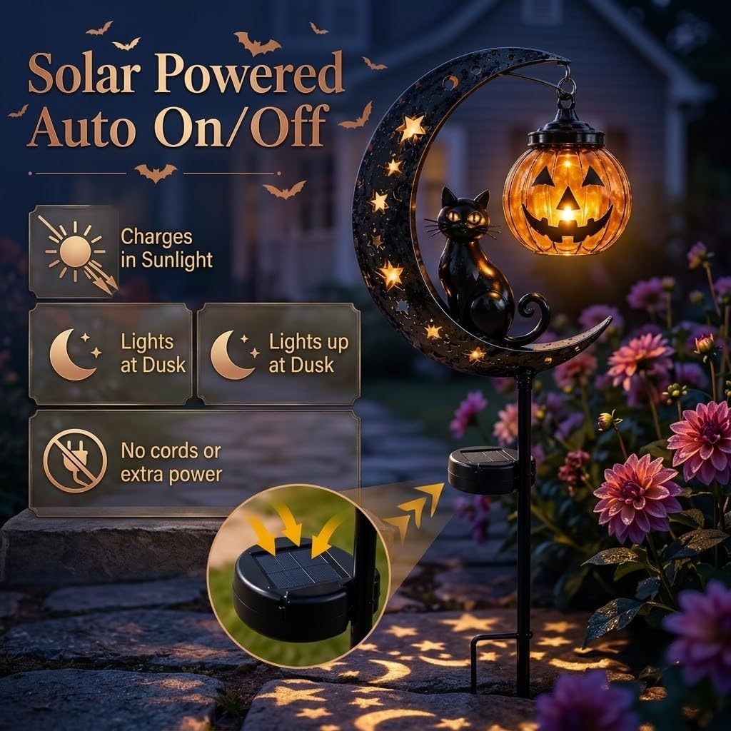 Solar Halloween Black Cat & Pumpkin Moon Garden Stake Light, Waterproof Solar Black Cat on Crescent Moon with Hanging Pumpkin Lantern, Outdoor Halloween Yard Decor for Garden, Patio, Lawn, Pathway