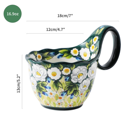 ALMA Handpainted Microwavable Soup Bowl with Loop Handle 18.6oz, Cereal Bowl With Handle Great for Berry, Fruits, Chili, Stew, Ice cream,Floral Soup Mug for Women