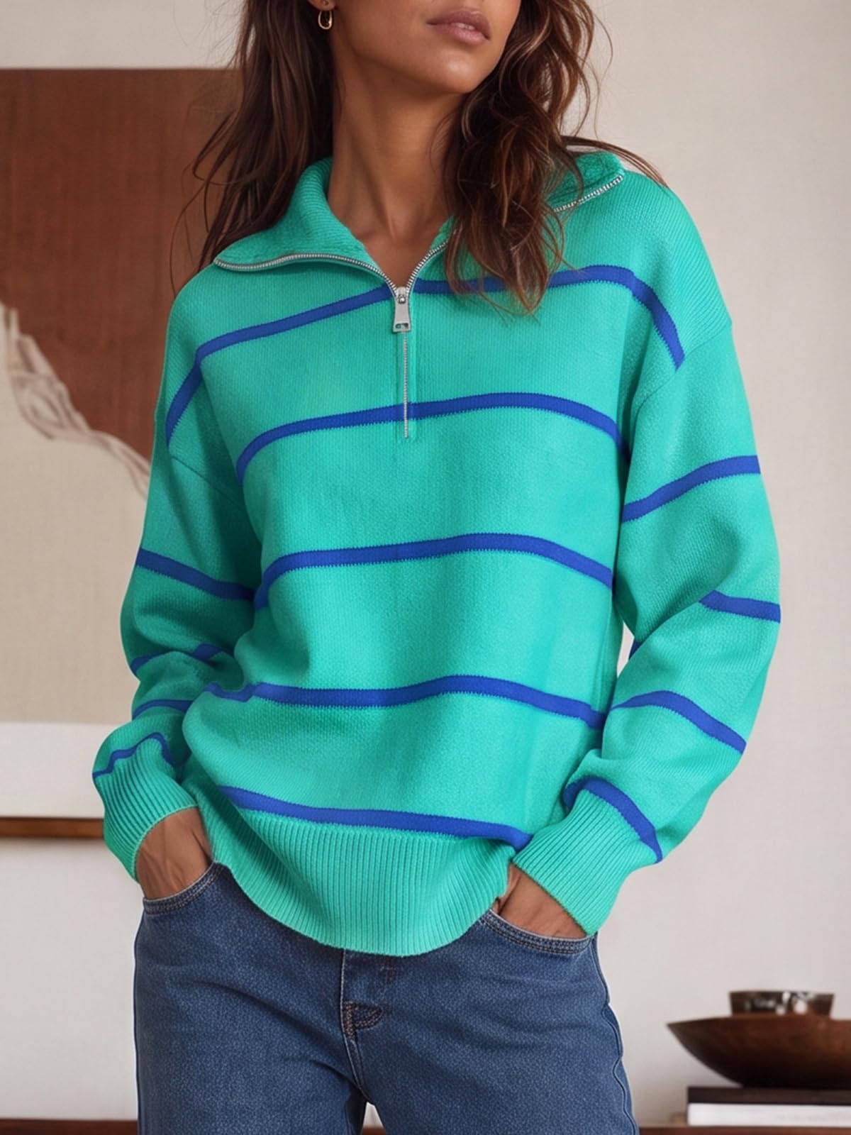 Fisoew Womens Quarter Zip Striped Sweater Oversized Turtleneck Pullover Top