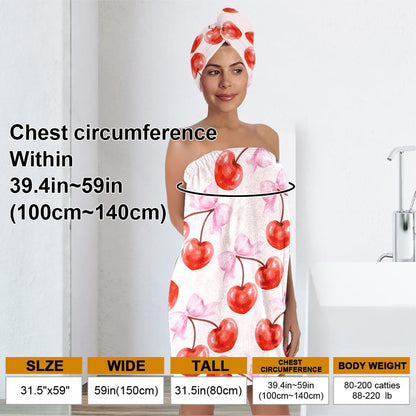 Strawberry Print Bath Wrap and Hair Drying Towel Set – Microfiber Quick Dry Shower Body Wrap for Women, Absorbent Spa Skirt with Elastic Band and Cute Bow Design (Strawberry 1)