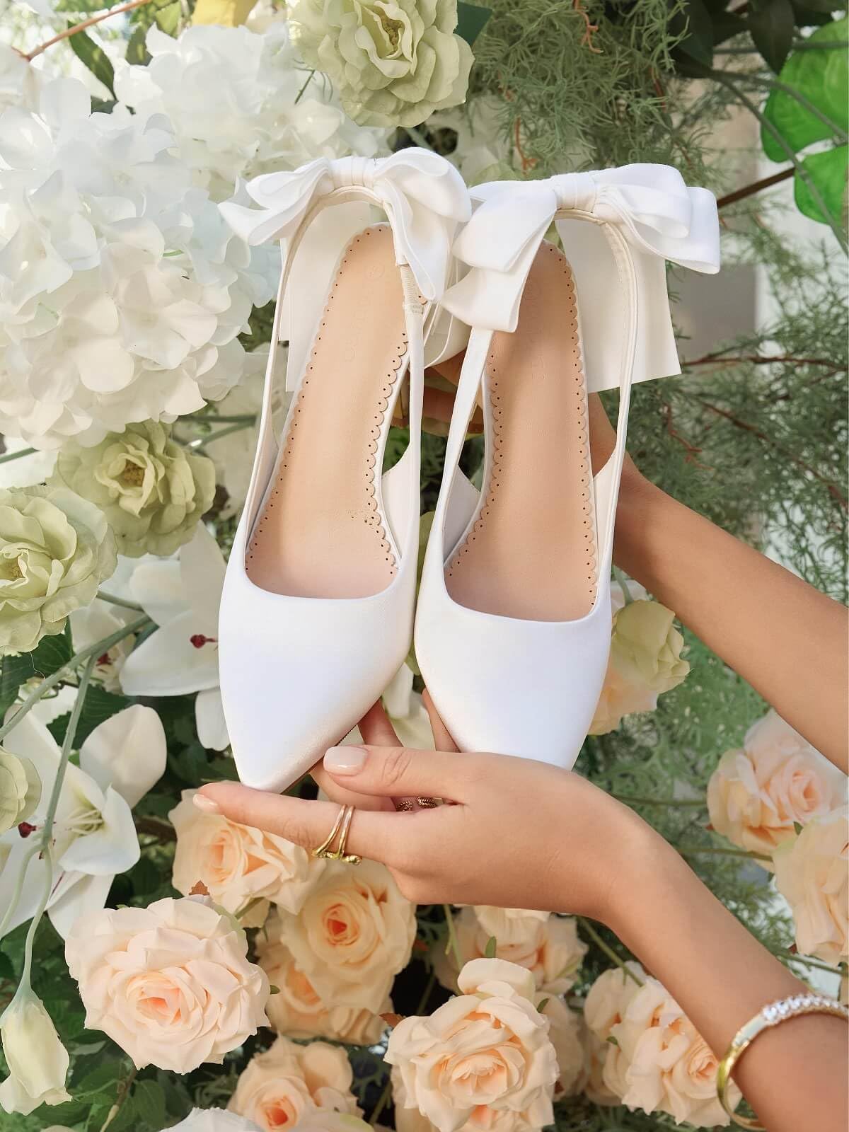 Coutgo Womens Slingback High Heels with Bow Closed Pointed Toe Wedding Bride Dress Shoes Satin Pumps