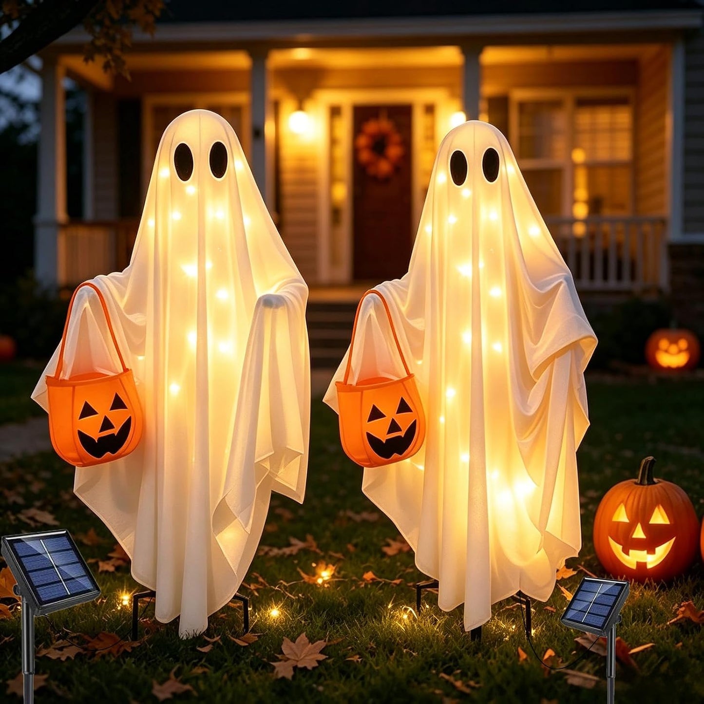Solar Ghost Halloween Lights 2Pack Hanging Stake Yard Decor | Solar glowing ghost decor, rainproof, dual mount. Perfect lawn porch decor for Halloween fans.