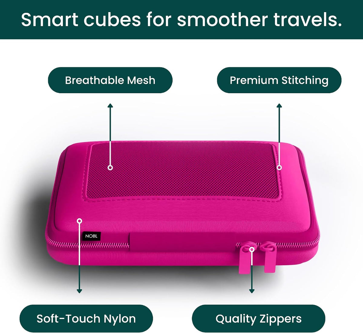 NOBL Travel Compression Packing Cubes Set of 6 Luggage Organizers, Hot Pink