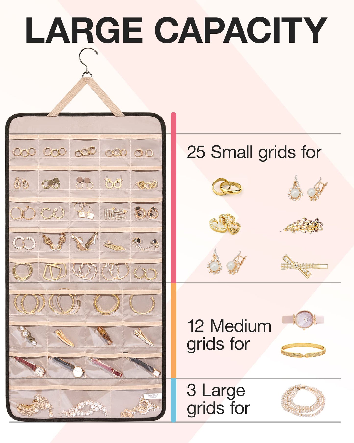BAGSMART Hanging Jewelry Organizer Storage Roll with Hanger Metal Hooks Double-Sided Jewelry Holder for Earrings, Necklaces, Rings on Closet, Wall, Door, 1 piece, Medium, Pink