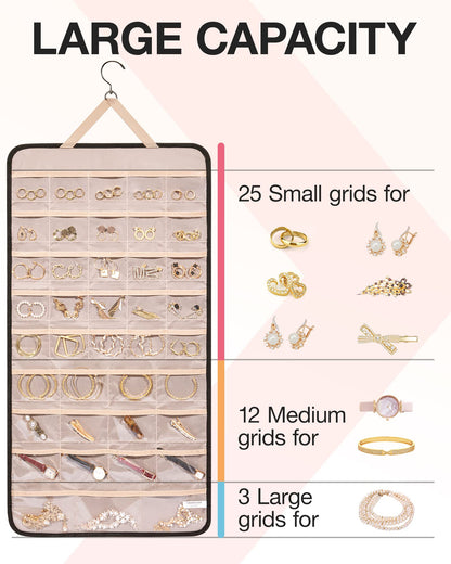 BAGSMART Hanging Jewelry Organizer Storage Roll with Hanger Metal Hooks Double-Sided Jewelry Holder for Earrings, Necklaces, Rings on Closet, Wall, Door, 1 piece, Medium, Pink