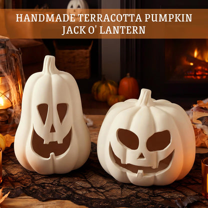 Tioncy 2 Pack Fall Decor Halloween Decorations Terracotta Pumpkin Decoration Handmade Clay Pumpkin Jack-o-Lantern Halloween Tealight Holder Rustic Farmhouse Fall Home Decor for Table(Orange)