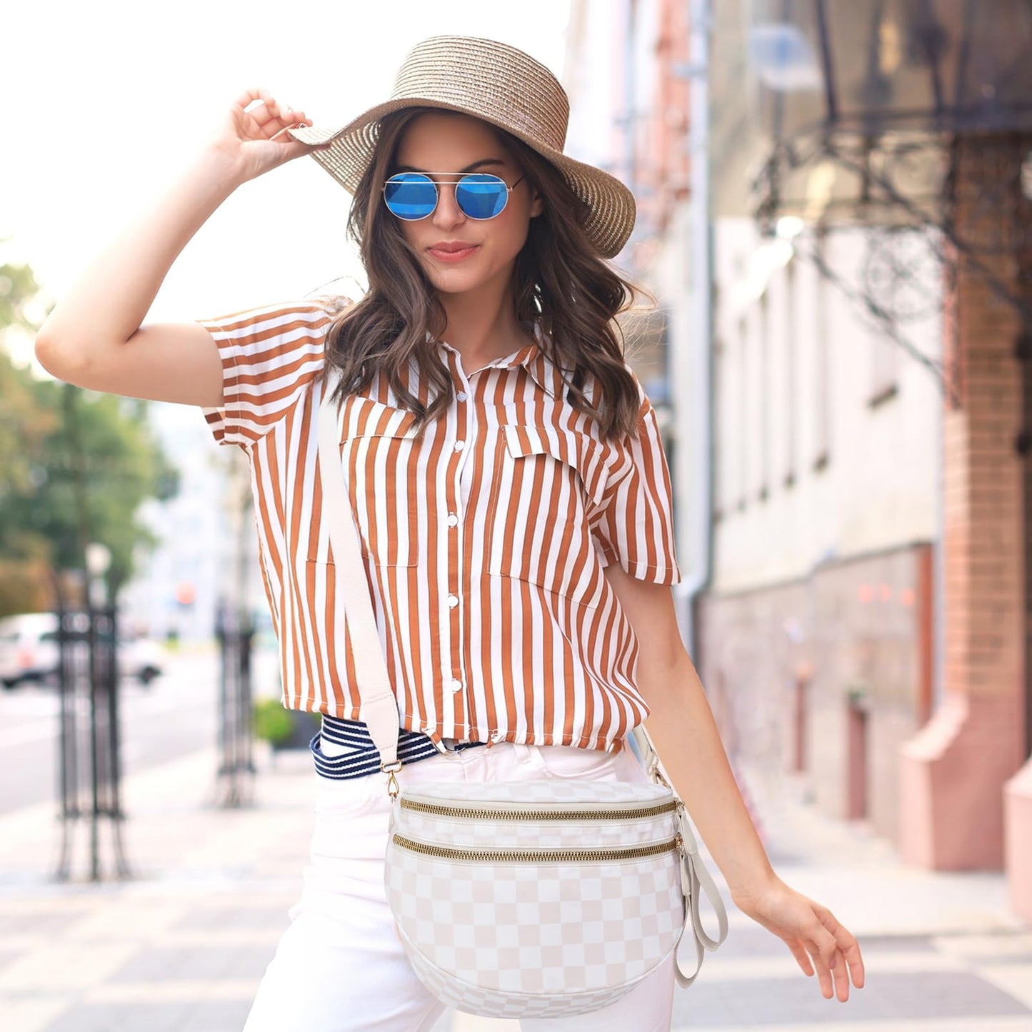Pure Colour Crossbody Bum Bags for Women Spacious Checkered Cross body Bag Nylon Trendy Fanny Pack for Travel