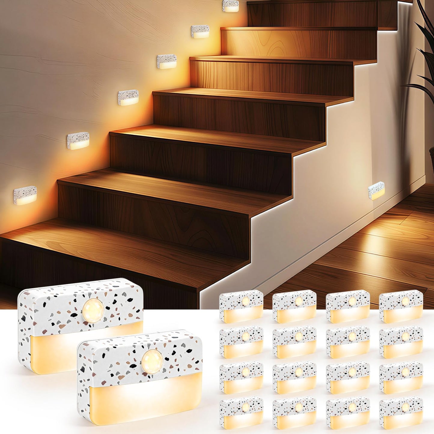 Guankai 8 Pack Motion Sensor Stair Light for Indoor, Battery Operated Closet Lights, Wireless Stick on Anywhere Hallway Lamp, Portable Led Night Lamps for Bedroom Under Cabinet Kitchen