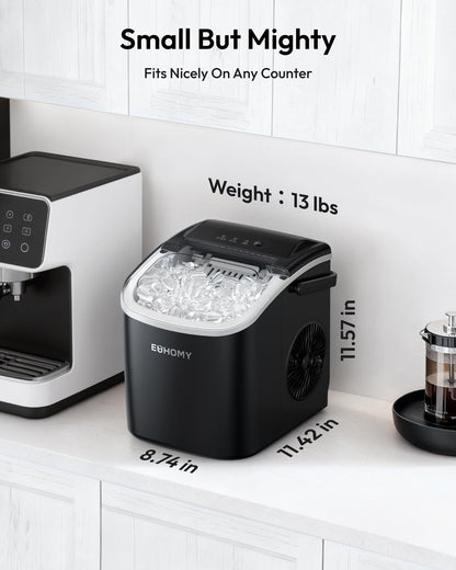 EUHOMY Countertop Ice Maker Machine with Handle, 26lbs in 24Hrs, 9 Ice Cubes Ready in 6 Mins, Auto-Cleaning Portable Ice Maker with Basket and Scoop, for Home/Kitchen/Camping/RV. (Black)