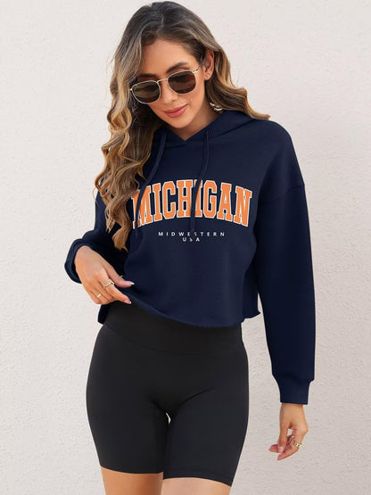 ORANDESIGNE Woman Graphic Print Cropped Hoodie Long Sleeve Fleece Pullover | 60% Cotton,Soft Fleece Fabric,Durable Letter Graphic Print,Drop Shoulder,Loose Fit,Easy Care,Going Out,Fall&Winter Casual
