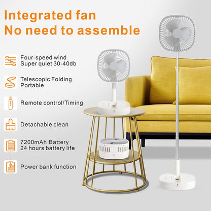 Magesh Portable Pedestal Fan - Foldaway Standing Fan Foldable Desk Fan, Use 7200Mah Rechargeable Battery, Remote Control Telescopic 4 Speed Quiet Timer Fan for Home Kitchen Outdoor Camping (Pink)