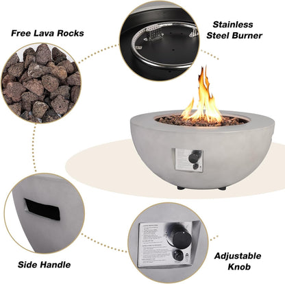31.5 Inch Round Propane Fire Pit Table - Concrete Round Fire Bowl 50,000 BTU Natural Gas Firepit Burner with Steel Lid, Lava Rocks, Waterproof Cover for Outside Patio, Backyard, Party