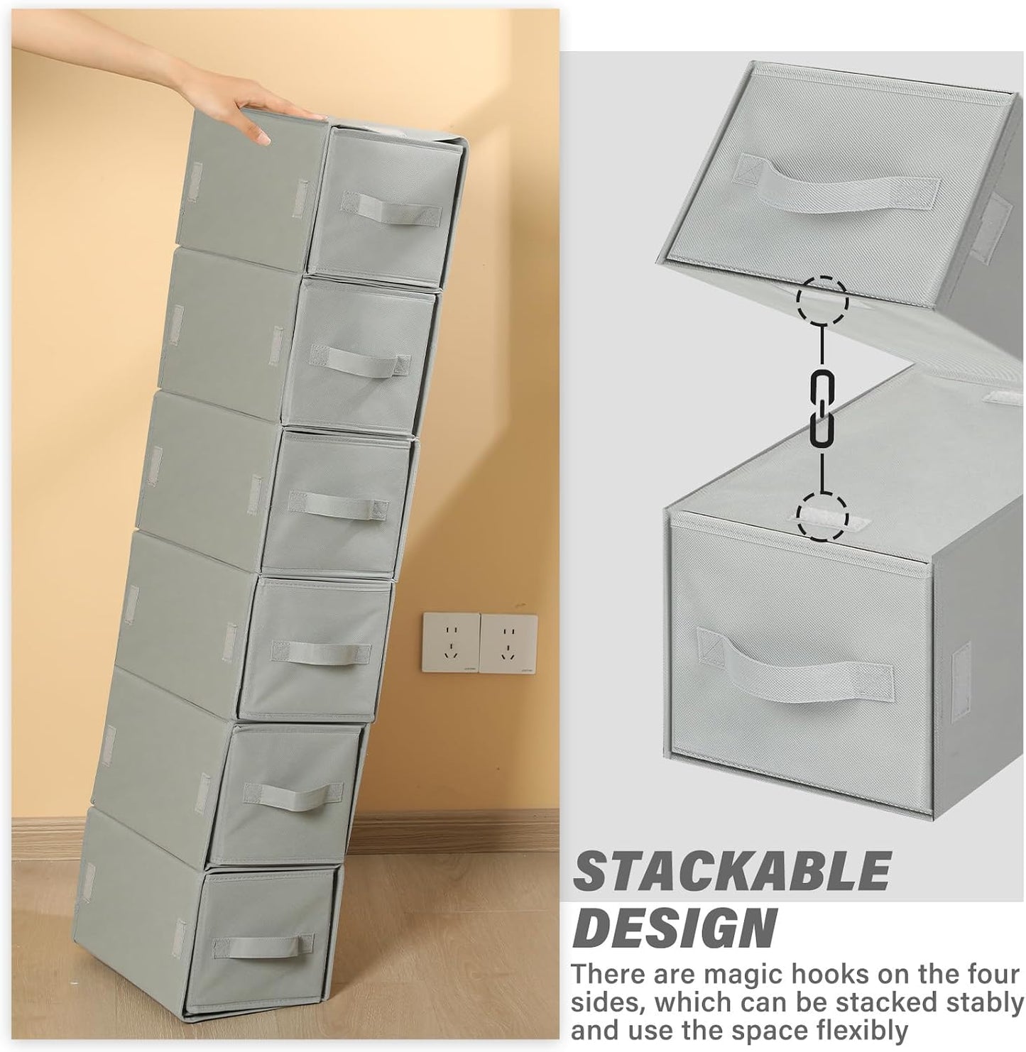 Weysat 6 Pack Large Dorm Stackable Drawers Dorm Essential Under Bed Storage Collapsible Closet Organizer with Drawers Shelf Storage Fabric, Clothes, Towels for College Bedroom Living Room(Grey)