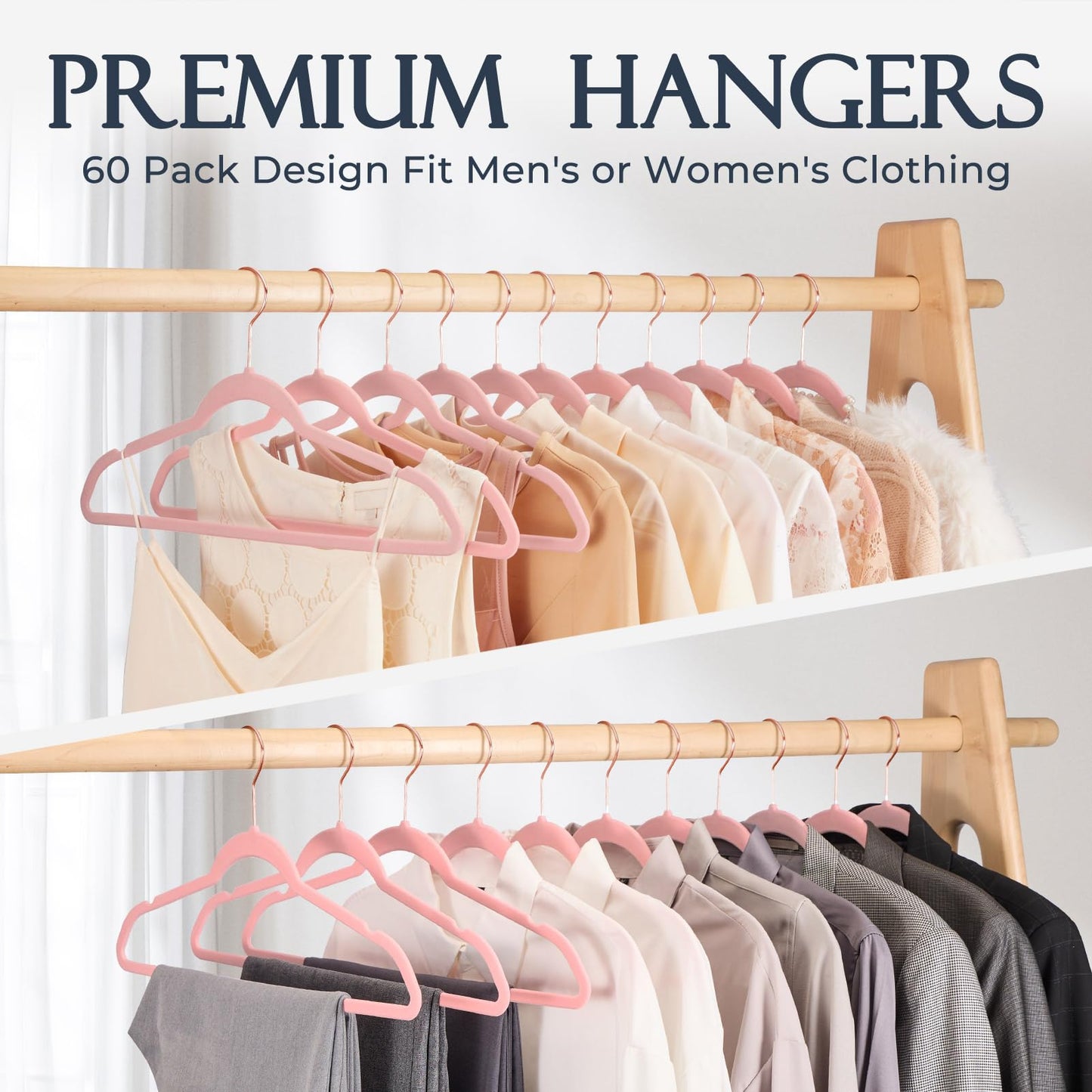 HOUSE DAY Black Velvet Hangers 60 Pack, Non Slip Clothes Felt Hanger Heavy Duty for Coat, Premium Slim Space Saving Suit Hangers for Closet Organizer, 360° Rotating Silver Hook
