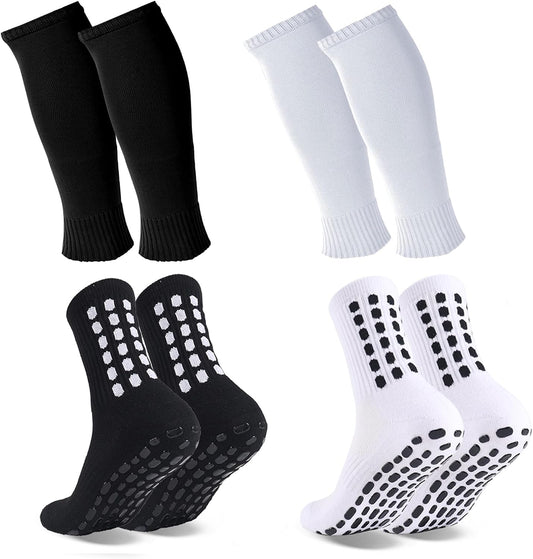 Barrlves 2 Set Grip Soccer Socks and Shin Guard Sleeves Non Slip Soccer Sleeve Socks for Men Women