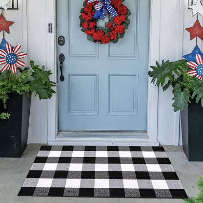 Christmas Door Mat Outdoor 35.4''x59'' Buffalo Plaid Christmas Decor Rug Cotton Hand-Woven Layered Door Mats Washable Carpet for Front Porch, Kitchen, Farmhouse, Entryway