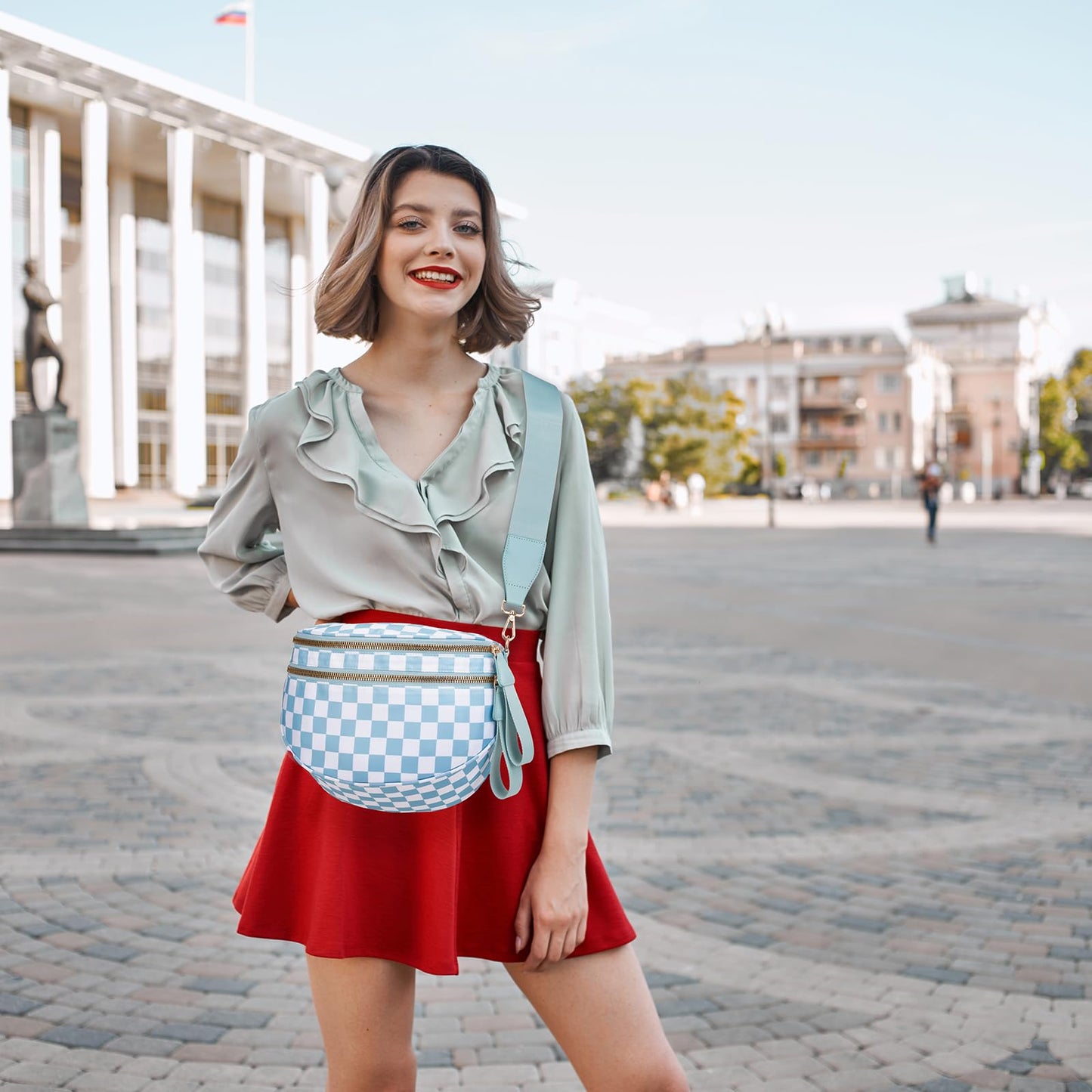 Pure Colour Crossbody Bum Bags for Women Spacious Checkered Cross body Bag Nylon Trendy Fanny Pack for Travel