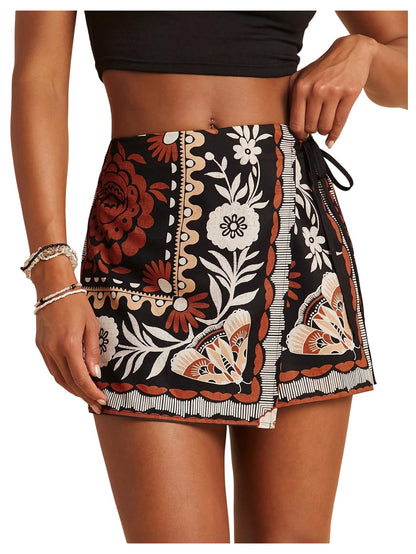 Sweatyrocks Women's Boho Mini Skirts Floral Shorts Tie Side Wrap Elastic Waist Summer Skorts Beach Vacation Outfits