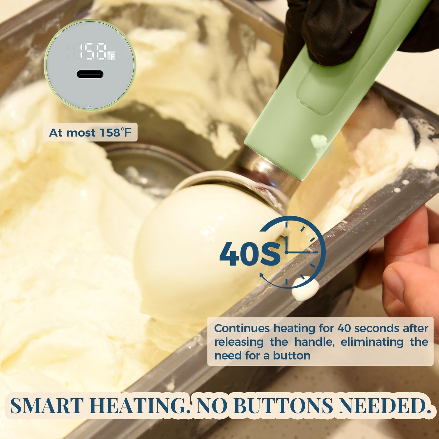 Heated Ice Cream Scoop Rechargeable, Electric Warming Ice Cream Scooper with LED Display, Heats to 158°F for Hard Ice Cream, Easy for Seniors & Kids, IP67 Waterproof (White, 2 oz)