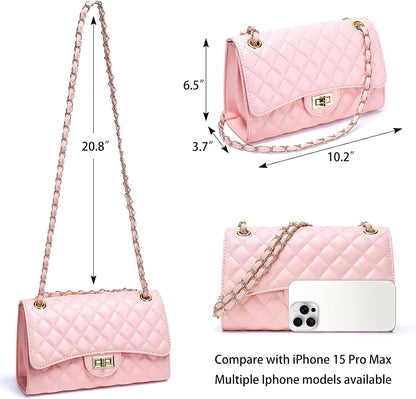 Quilted Leather Crossbody Bags for Women Trendy Ladies Shoulder Purse Satchel HandBag with Chain Strap