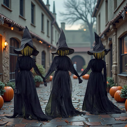 Halloween Witch Decorations Outdoor - 5 FT Set of 3 Light Up Holding Hands Witches Stakes with Glowing Faces, Sound-Activated Screaming Sensor, Waterproof Life Size Scary Halloween Yard Decorations