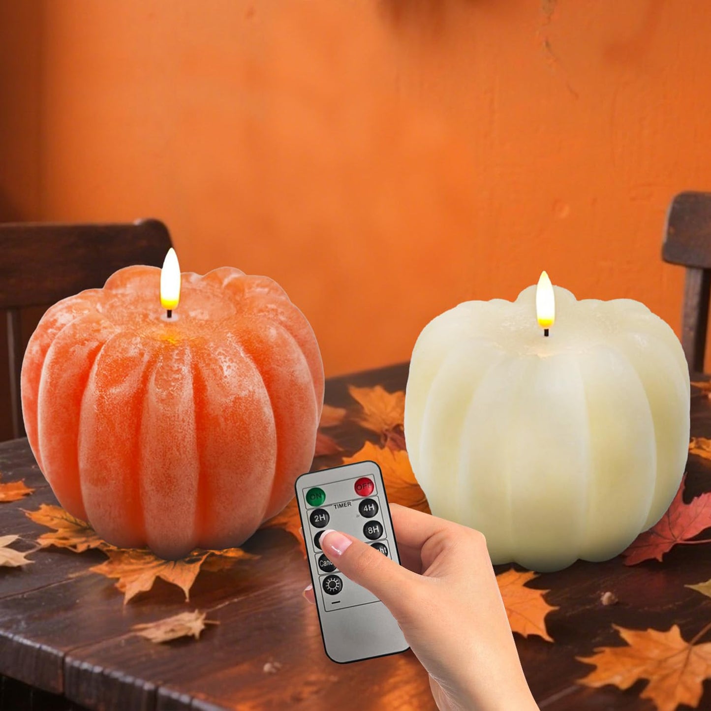 Fall Decor, Fall Decorations for Home - Flameless Pumpkin Candle with Timer Remote - Room Bedroom Table Farmhouse Decor for Halloween, Thanksgiving, Orange+White