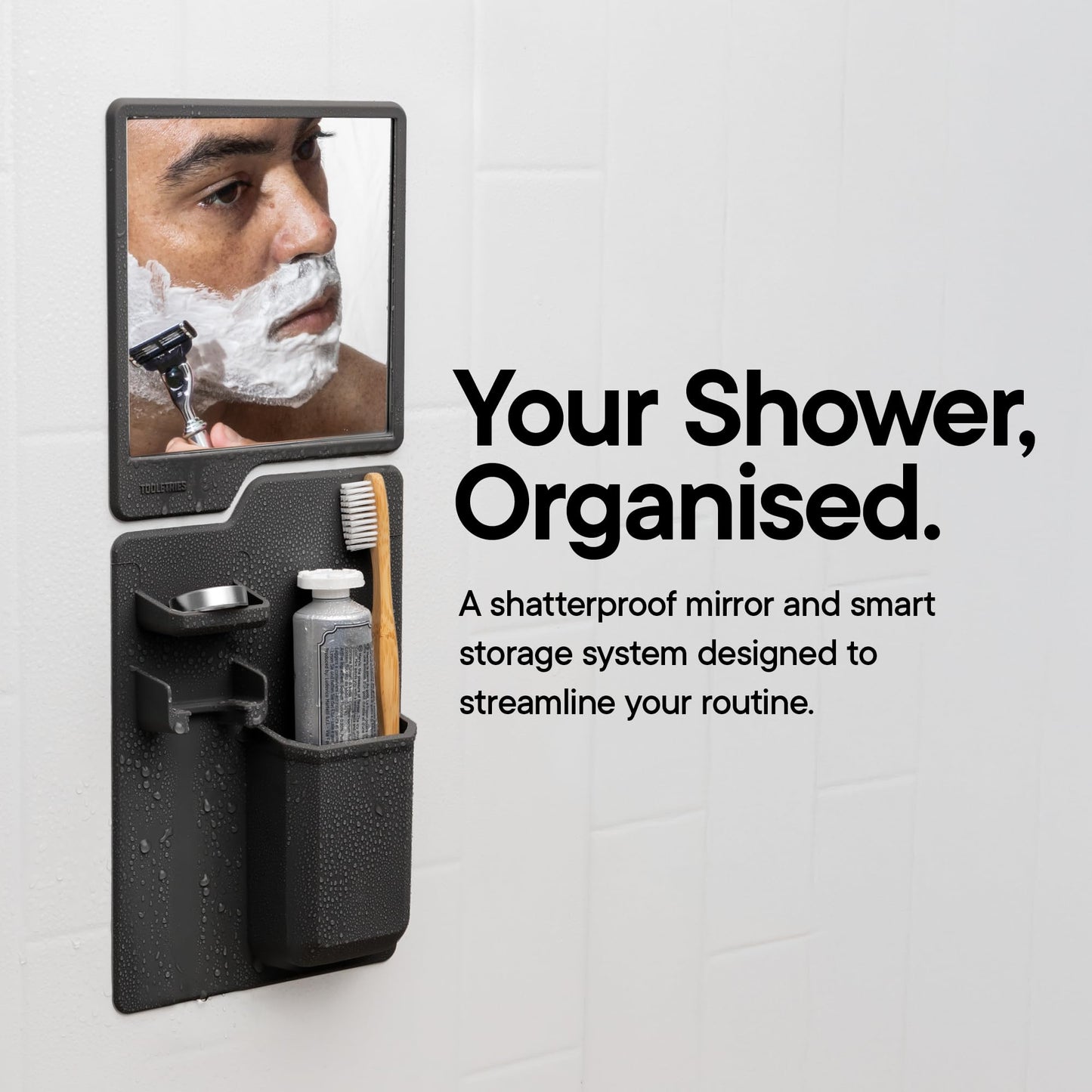 TOOLETRIES Harvey & Oliver, Shower Organizer & Shaving Mirror - Charcoal | Shower grooming station with a clear-view mirror and reusable organiser for everyday grooming.