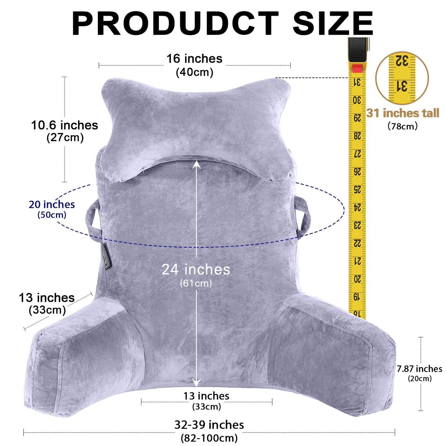 Reading Pillow-Extra Large 31" Bed Rest Pillow with Detachable Neck Roll & Arms for Sitting in Bed or Couch-Backrest Reading Pillow Adult Back Pillows for Reading,Watching TV,Gaming,Relaxing-Black
